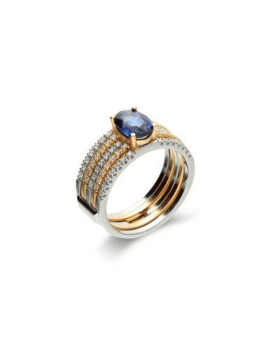 Anillo Oro Amarillo-Blanco, Zafiro Y Diamantes