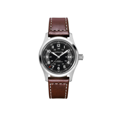 Reloj Hamilton Khaki Field Auto H70455533. Género: Hombre. Material: Acero. Tamaño: De 32mm a 38mm. Correa: Piel. Color esfera: Negro. Estilo: Casual. Movimiento: Automático. Características técnicas: Hora y segundero,Calendario,Reserva de marcha