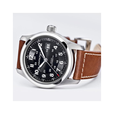 Reloj Hamilton Khaki Field Auto H70555533. Género: Hombre. Material: Acero. Tamaño: De 39mm a 42mm. Correa: Piel. Color esfera: Negro. Estilo: Aviador. Movimiento: Automático. Características técnicas: Hora y segundero,Calendario
