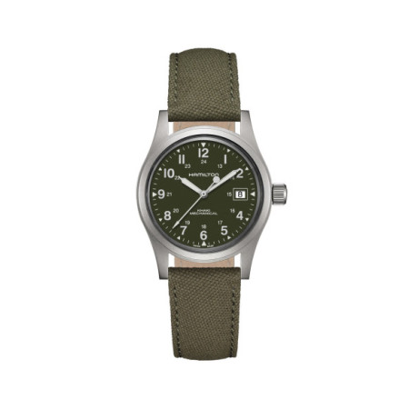 Reloj Hamilton Khaki Field Mechanical H69439363. Género: Hombre. Material: Acero. Tamaño: De 32mm a 38mm. Correa: Canvas. Color esfera: Verde. Estilo: Casual. Movimiento: Cuerda. Características técnicas: Hora y segundero,Calendario,Reserva de marcha