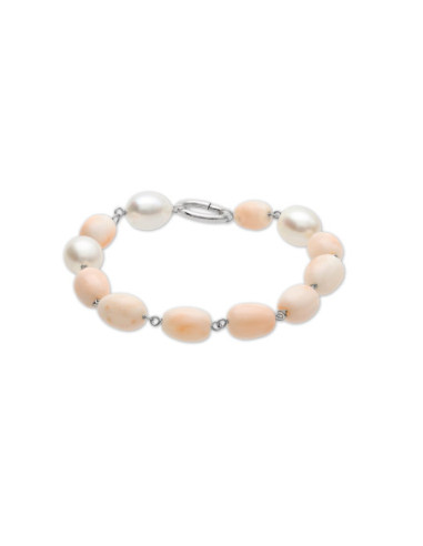 Pulsera Oro Blanco, Perla Y Coral