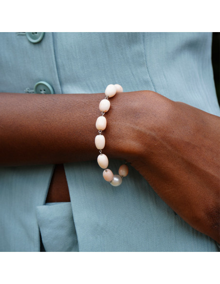 Pulsera Oro Blanco, Perla Y Coral