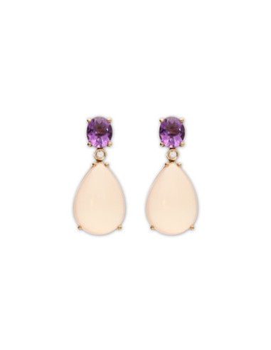 Pendientes Oro Rosa, Amatista, Diamante Y Cuarzo Rosa