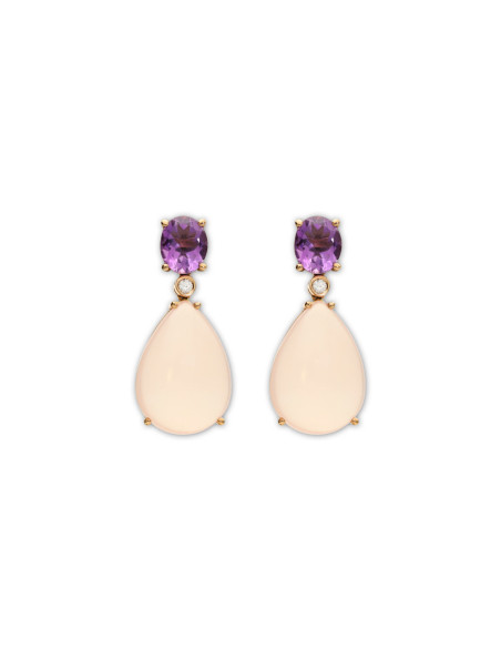 Pendientes Oro Rosa, Amatista, Diamante Y Cuarzo Rosa
