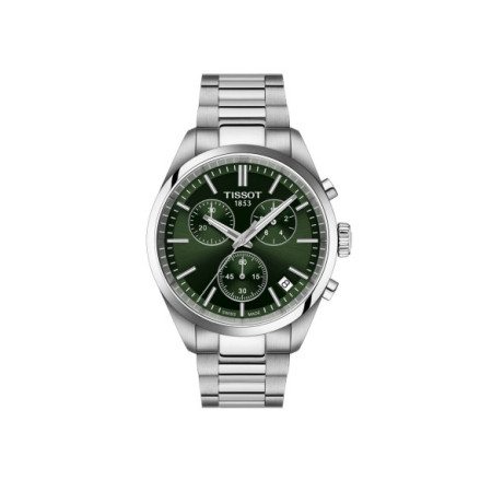 Reloj Tissot PR 100 Chronograph T150.417.11.091.00. Género: Hombre. Material: Acero. Tamaño: De 39mm a 42mm. Correa: Acero. Color esfera: Verde. Estilo: Clásico. Movimiento: Cuarzo. Características técnicas: Hora y segundero,Calendario,Cronógrafo