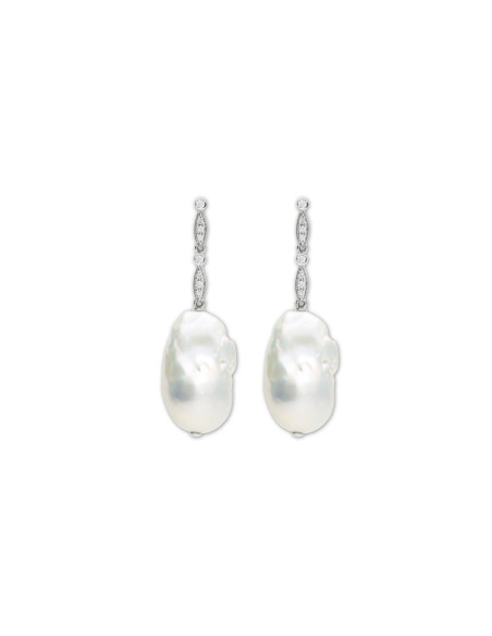 Pendientes Oro Blanco, Diamantes Y Perla