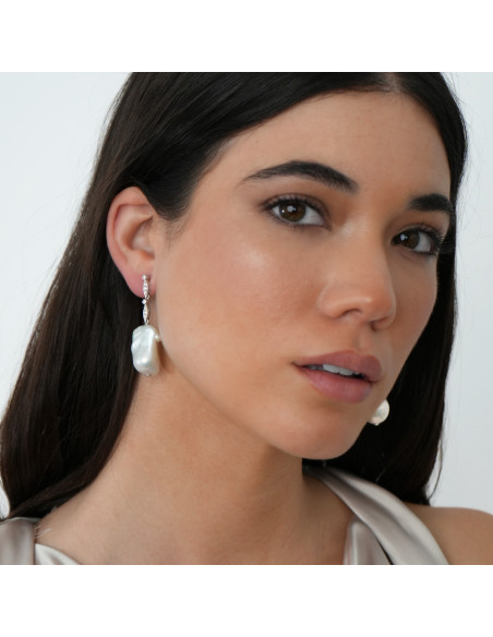 Pendientes Oro Blanco, Diamantes Y Perla