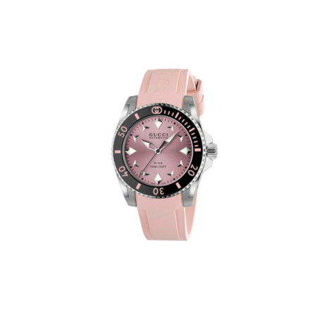 Reloj Gucci Dive YA136408. Género: Mujer. Material: Acero. Tamaño: De 32mm a 38mm. Correa: Caucho. Color esfera: Rosa. Estilo: Deportivo. Movimiento: Automático. Características técnicas: Hora y segundero,Reserva de marcha