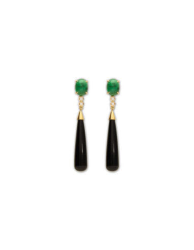 Pendientes Oro Amarillo, Esmeralda, Diamantes Y Ónix