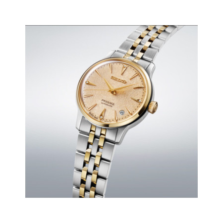 Reloj Seiko Presage Cocktail Time SRPL64J1. Género: Mujer. Material: Acero. Tamaño: De 32mm a 38mm. Correa: Acero. Color esfera: Dorada. Estilo: Cocktail. Movimiento: Automático. Características técnicas: Hora y segundero,Calendario,Reserva de marcha