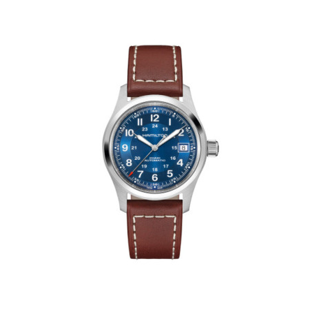 Reloj Hamilton Khaki Field Auto H70455540. Género: Hombre. Material: Acero. Tamaño: De 32mm a 38mm. Correa: Piel. Color esfera: Azul. Estilo: Casual,Cocktail. Movimiento: Automático. Características técnicas: Hora y segundero,Calendario,Reserva de marcha