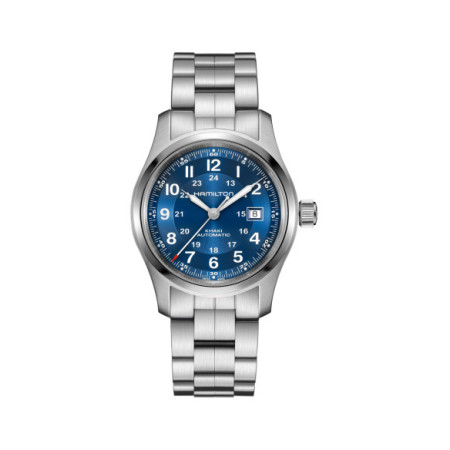 Reloj Hamilton Khaki Field Auto H70605140. Género: Hombre. Material: Acero. Tamaño: De 39mm a 42mm. Correa: Acero. Color esfera: Azul. Estilo: Casual. Movimiento: Automático. Características técnicas: Hora y segundero,Calendario,Reserva de marcha