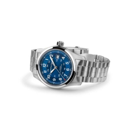 Reloj Hamilton Khaki Field Auto H70605140. Género: Hombre. Material: Acero. Tamaño: De 39mm a 42mm. Correa: Acero. Color esfera: Azul. Estilo: Casual. Movimiento: Automático. Características técnicas: Hora y segundero,Calendario,Reserva de marcha