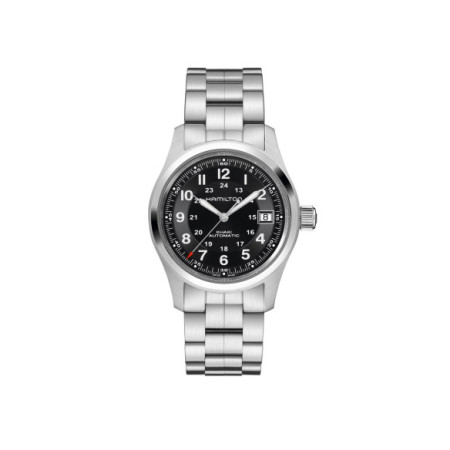 Reloj Hamilton Khaki Field Auto H70455133. Género: Hombre. Material: Acero. Tamaño: De 32mm a 38mm. Correa: Acero. Color esfera: Negro. Estilo: Casual,Cocktail,Clásico. Movimiento: Automático. Características técnicas: Hora y segundero,Calendario,Reserva de marcha