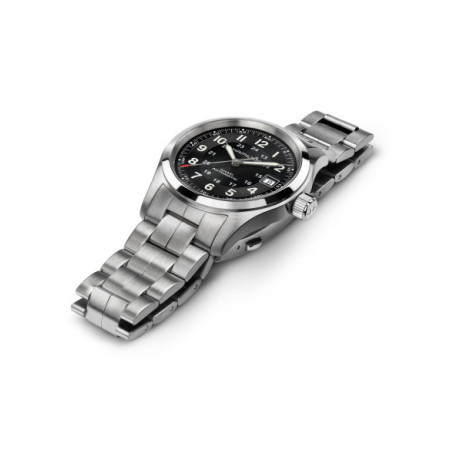 Reloj Hamilton Khaki Field Auto H70455133. Género: Hombre. Material: Acero. Tamaño: De 32mm a 38mm. Correa: Acero. Color esfera: Negro. Estilo: Casual,Cocktail,Clásico. Movimiento: Automático. Características técnicas: Hora y segundero,Calendario,Reserva de marcha