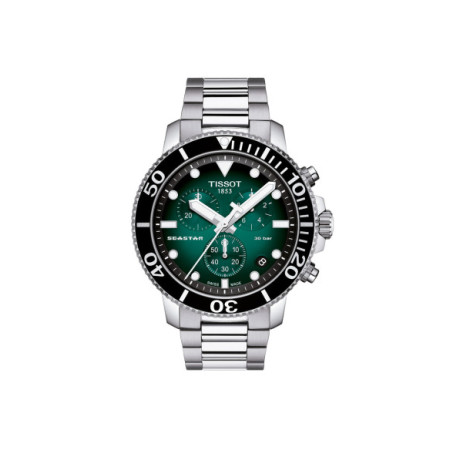 Reloj Tissot Seastar 1000 Quartz Chronograph T120.417.11.091.01. Género: Hombre. Material: Acero. Tamaño: De 43mm a 46mm. Correa: Acero. Color esfera: Verde. Estilo: Deportivo. Movimiento: Cuarzo. Características técnicas: Hora y segundero,Calendario,Cronógrafo