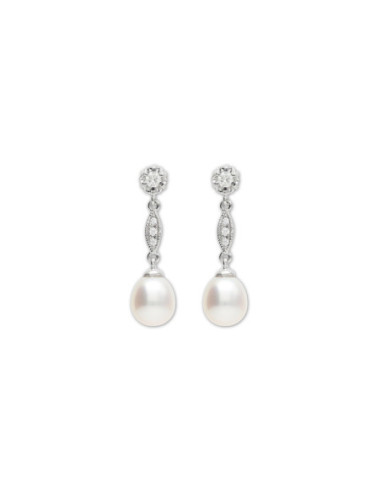 Pendientes Oro Blanco, Diamantes Y Perla
