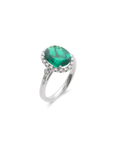 Anillo Oro Blanco, Esmeralda Y Diamantes