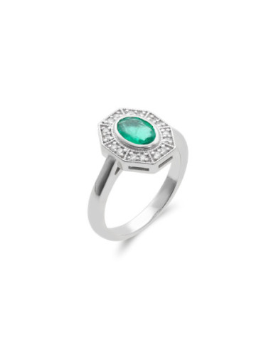 Anillo Oro Blanco, Esmeralda Y Diamantes