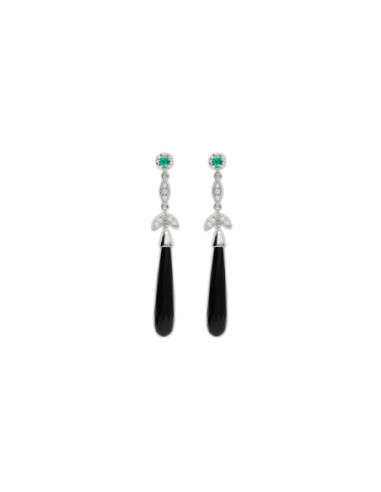 Pendientes Oro Blanco, Esmeralda, Diamantes Y Ónix