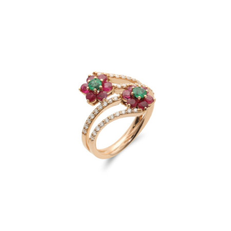 Anillo Oro Rosa, Esmeraldas, Rubíes Y Diamantes. Género: Mujer. Material: Oro rosa. Piedras: Diamantes,Esmeraldas,Rubies