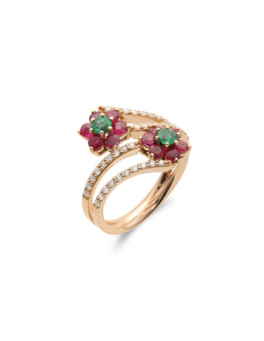 Anillo Oro Rosa, Esmeraldas, Rubíes Y Diamantes