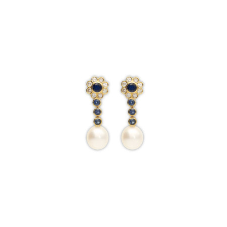 Pendientes Oro Amarillo, Zafiros, Diamantes Y Perla Australiana. Género: Mujer. Material: Oro amarillo. Piedras: Diamantes,Zafiros,Perlas