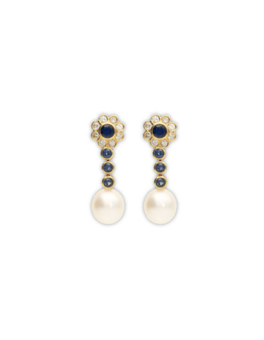 Pendientes Oro Amarillo, Zafiros, Diamantes Y Perla Australiana