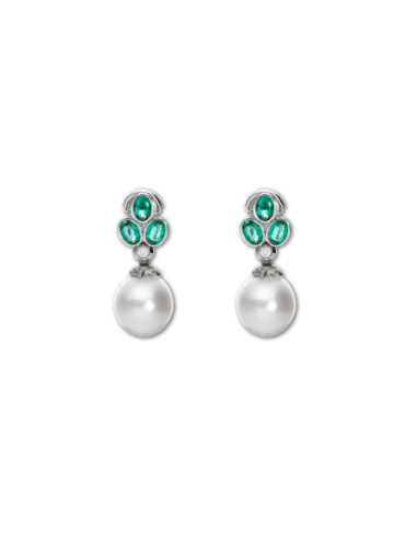 Pendientes Oro Blanco, Diamantes, Esmeraldas Y Perlas
