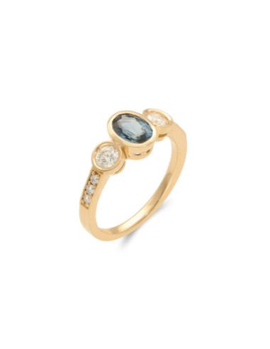 Anillo Oro Amarillo, Zafiro Y Diamantes