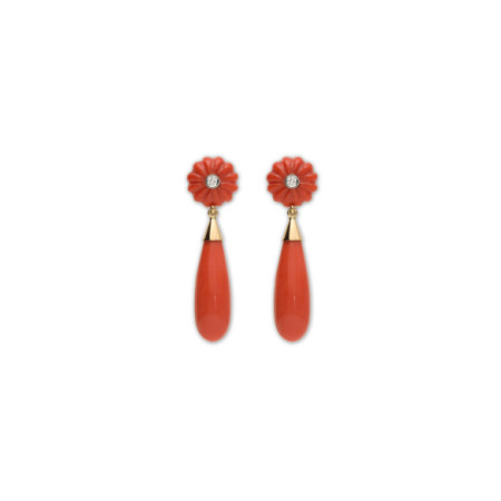 Pendientes Oro Amarillo, Diamante Y Coral. Género: Mujer. Material: Oro amarillo. Piedras: Diamantes,Coral