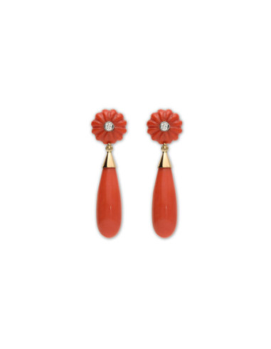 Pendientes Oro Amarillo, Diamante Y Coral