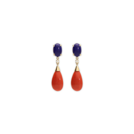 Pendientes Oro Amarillo, Lapislázuli, Diamante Y Coral. Género: Mujer. Material: Oro amarillo. Piedras: Diamantes,Coral,Laspislazuli