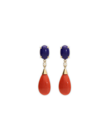 Pendientes Oro Amarillo, Lapislázuli, Diamante Y Coral
