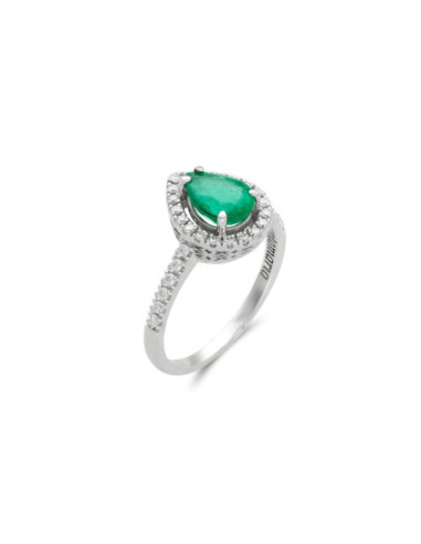 Anillo Oro Blanco, Esmeralda Y Diamantes