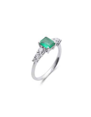 Anillo Oro Blanco, Esmeralda Y Diamantes