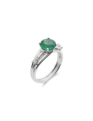 Anillo Oro Blanco, Esmeralda Y Diamantes