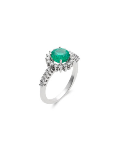 Anillo Oro Blanco, Esmeralda Y Diamantes