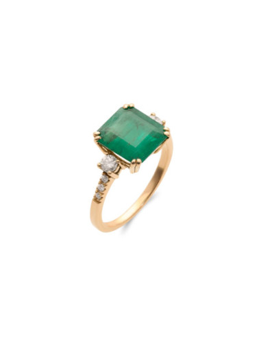 Anillo Oro Amarillo, Emeralda Y Diamantes