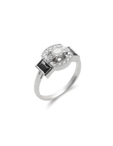 Anillo Oro Blanco, Diamantes Y Ónix