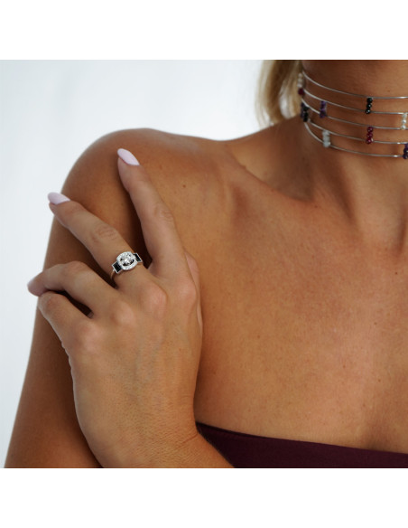 Anillo Oro Blanco, Diamantes Y Ónix
