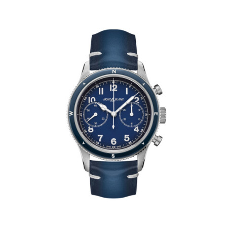 Reloj Montblanc 1858 Cronógrafo 126912. Género: Hombre. Material: Acero. Tamaño: De 39mm a 42mm. Correa: Piel. Color esfera: Azul. Estilo: Clásico. Movimiento: Automático. Características técnicas: Hora y segundero,Cronógrafo