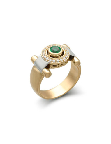 Anillo Oro Amarillo-Blanco, Esmeralda y Diamantes