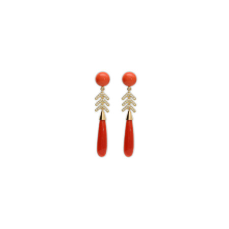 Pendientes Oro Amarillo, Diamantes Y Coral. Género: Mujer. Material: Oro amarillo. Piedras: Diamantes,Coral