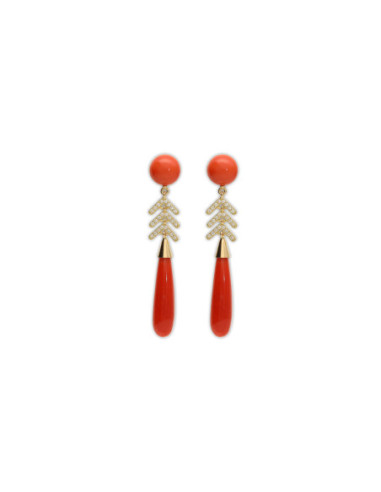 Pendientes Oro Amarillo, Diamantes Y Coral