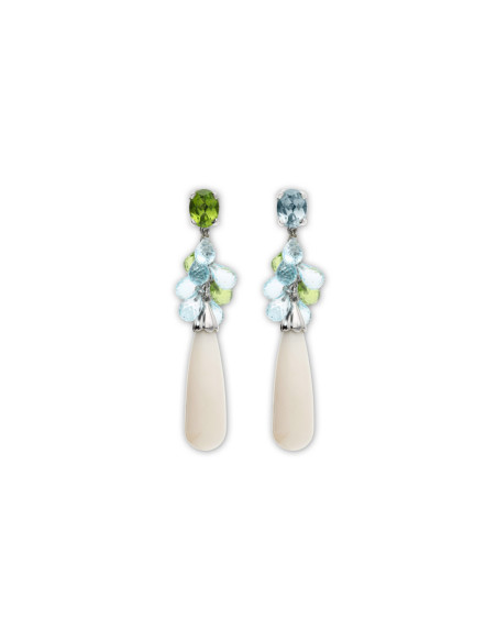 Pendientes Oro Blanco, Coral, Peridoto Y Topacio