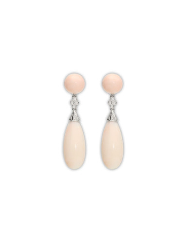 Pendientes Oro Blanco, Diamantes Y Coral