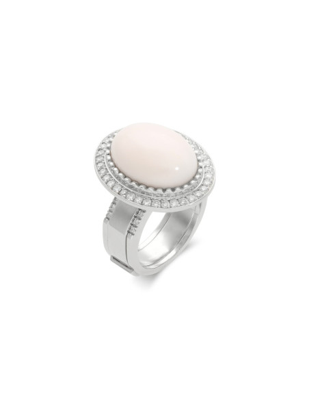 Anillo Oro Blanco, Coral Y Diamantes