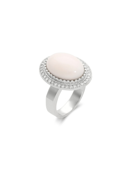 Anillo Oro Blanco, Coral Y Diamantes