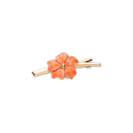 Broche Oro Amarillo Y Coral. Género: Mujer. Material: Oro amarillo. Piedras: Coral